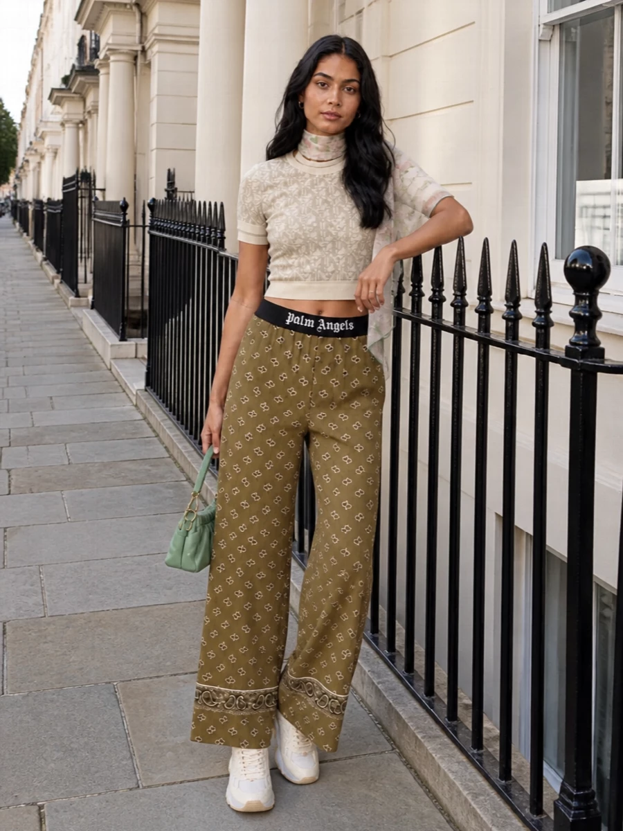 Palm angels wide leg pants cropped knit sneakers