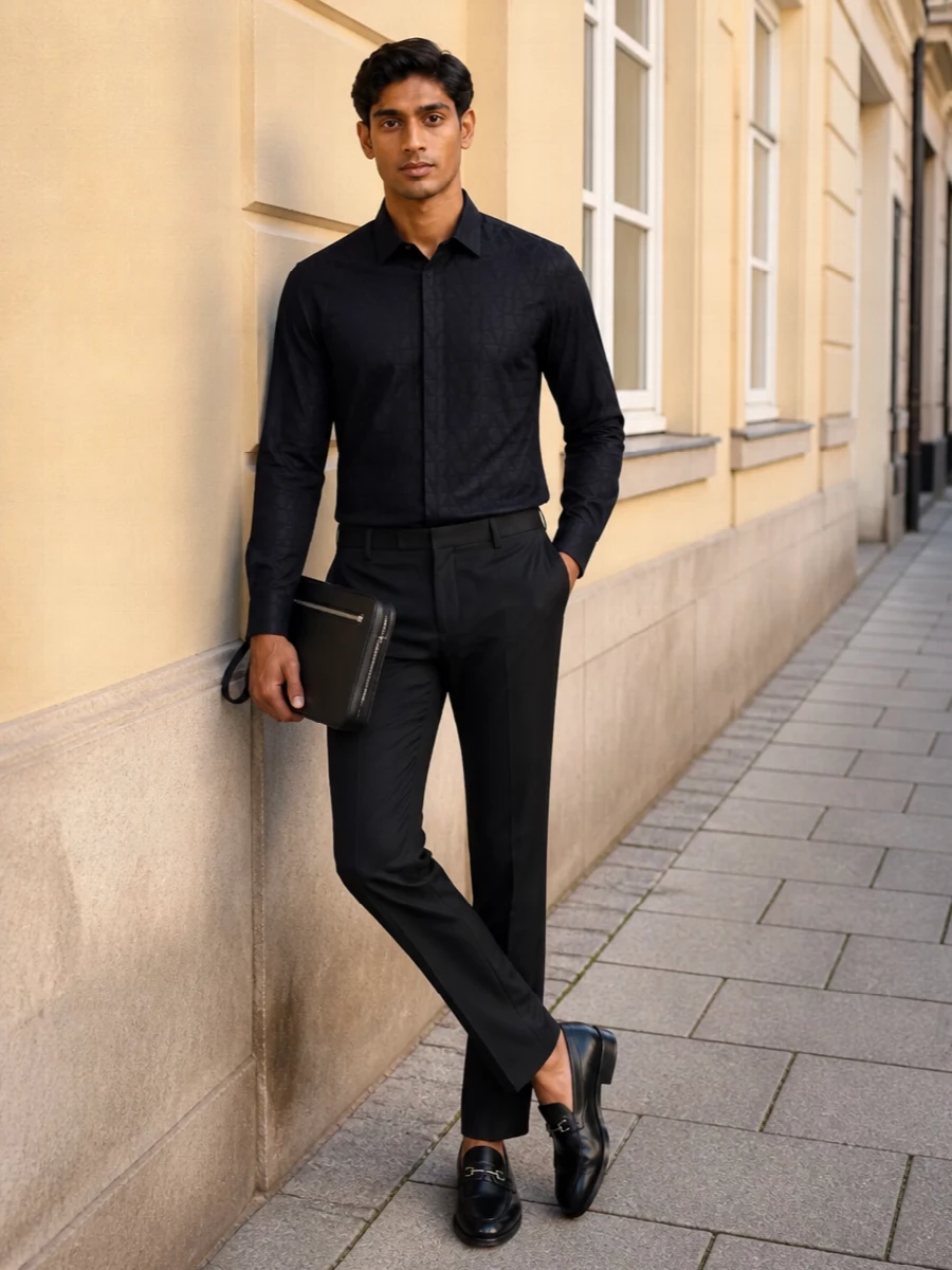 A deep navy jacquard shirt meets charcoal tailoring for a refined, tonal alternative to strict black, letting the Gucci loafers stay sharp but not severe. The straight, regular leg balances the low-profile slipper, while the Valentino clutch adds just a hint of hardware to echo the horsebit without breaking the minimalist line. It is a quiet city evening ensemble that reads tailored, modern and composed from dinner table to late bar.