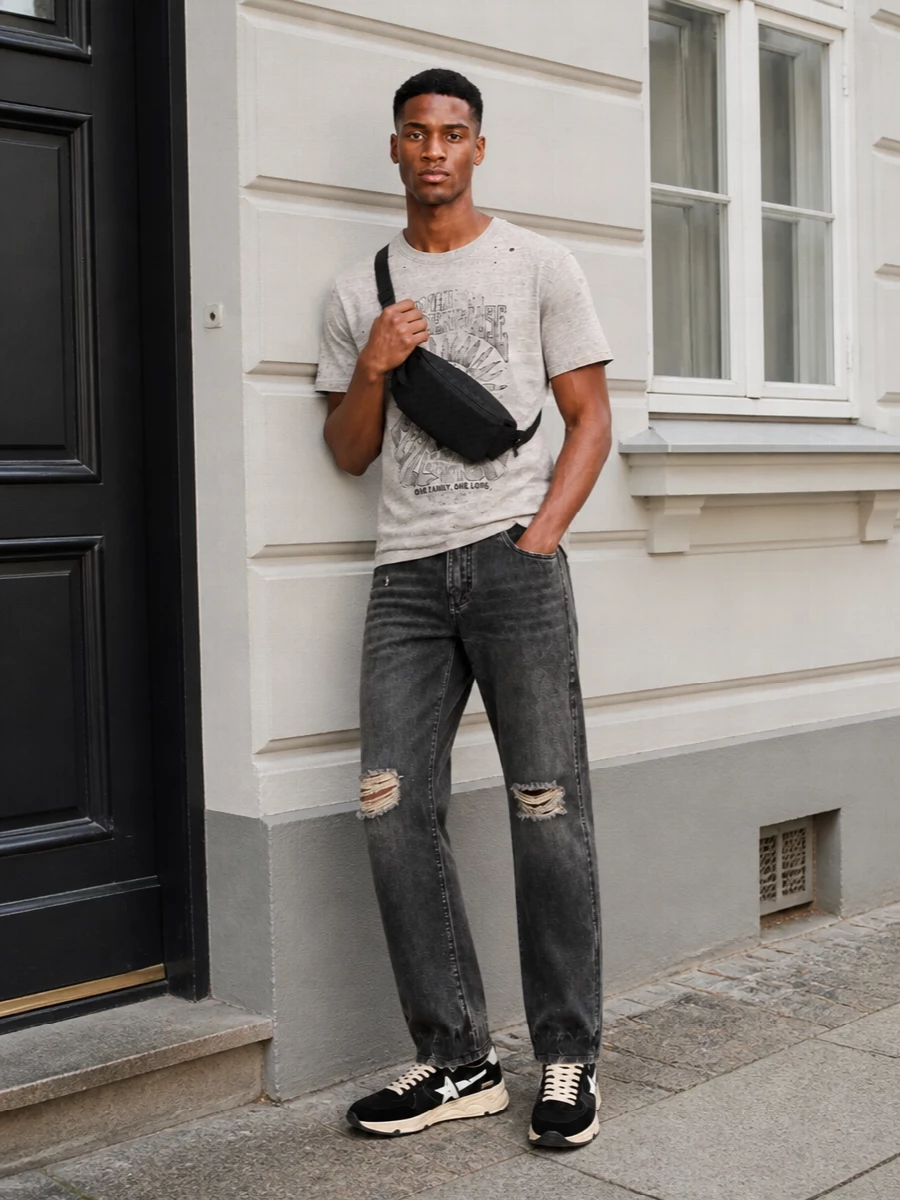 Golden goose runner distressed jeans tee outfit