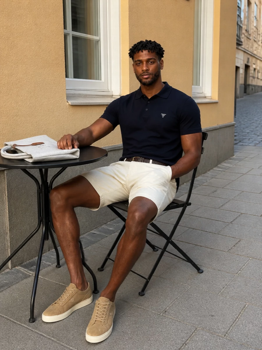 Prada navy polo cream chino shorts outfit