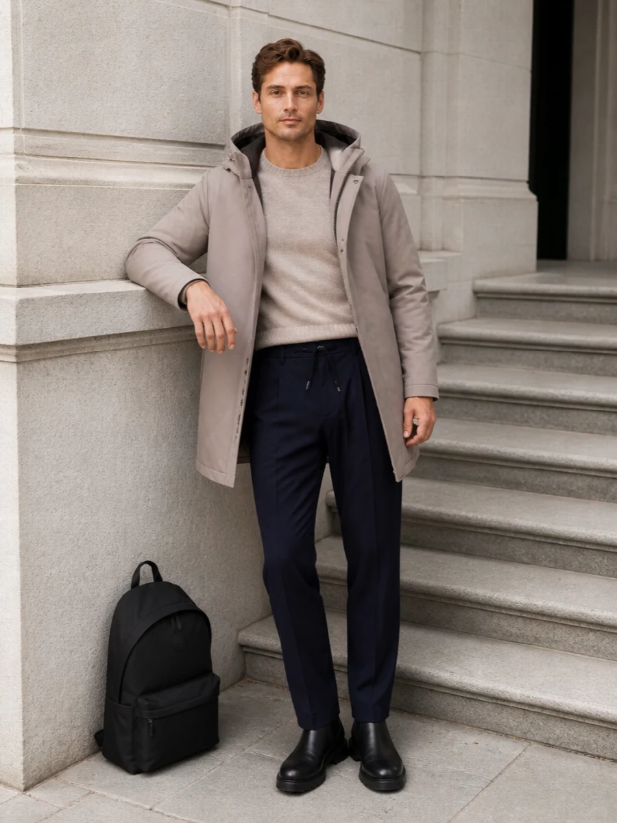 Herno parka navy trousers chelsea boots