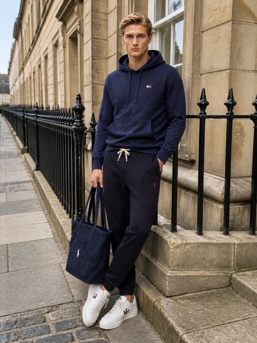 Tommy hoodie navy joggers white sneakers