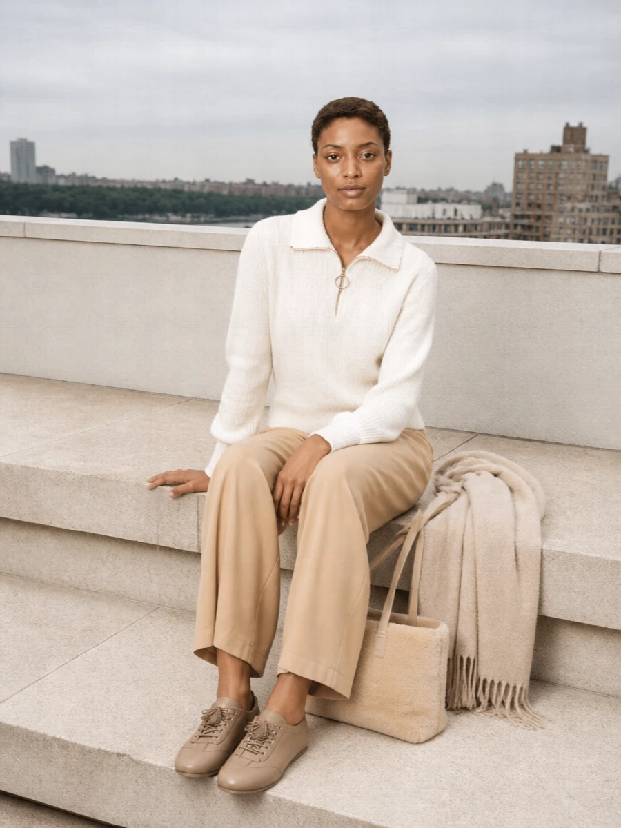 Forte forte ivory sweater camel trousers outfit