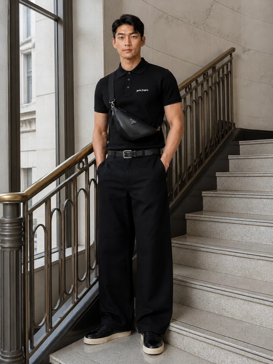 Palm angels polo wide leg trousers prada sneakers