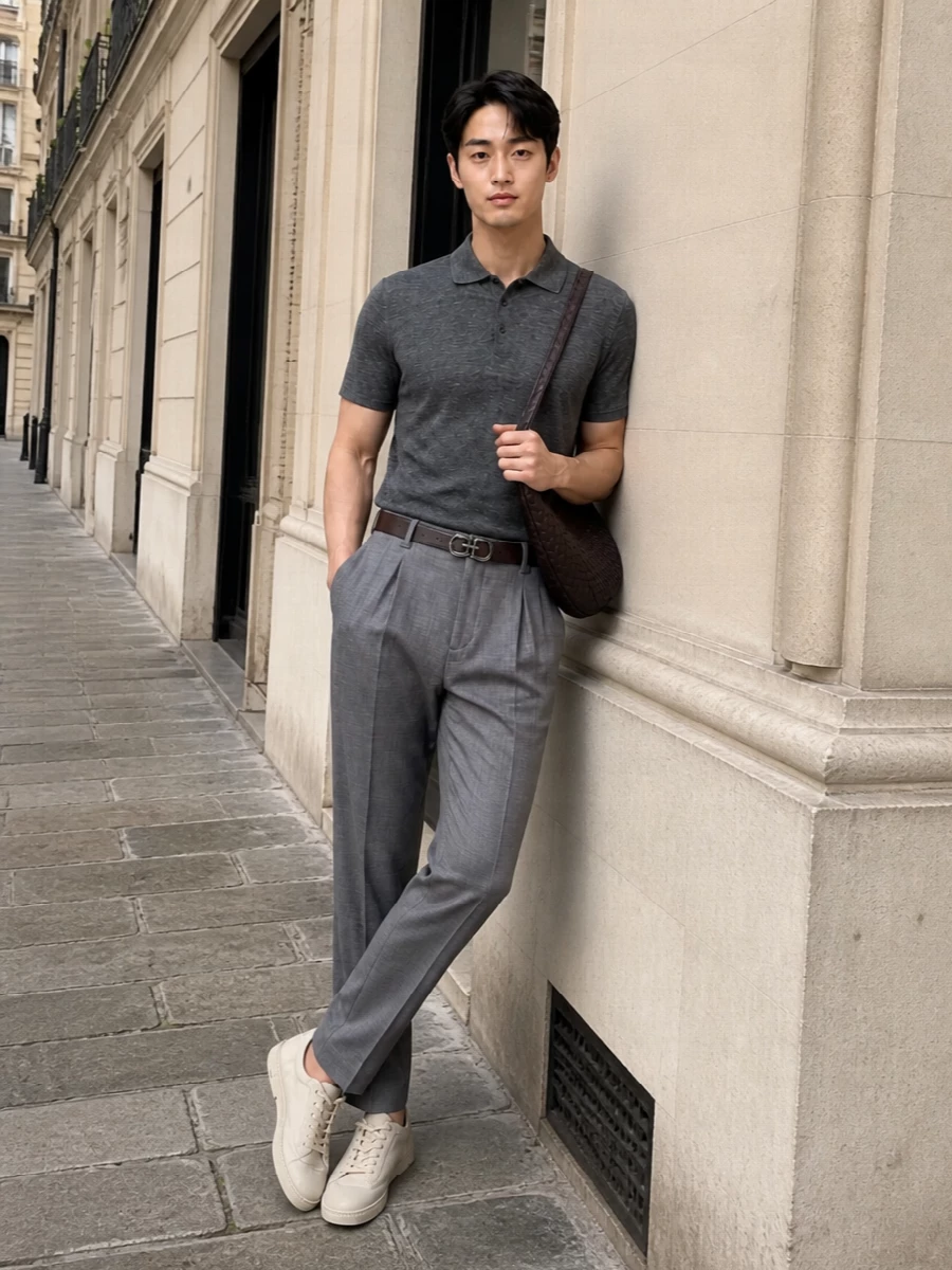 A charcoal Brunello polo sits over pleated mid-grey trousers for a tonal, softly tailored silhouette that feels polished yet relaxed for warm days. Sand suede sneakers and a chocolate-accent belt introduce subtle warmth, while the intrecciato crescent bag adds discreet texture and keeps the whole look firmly in the quiet-luxury realm. It’s an intelligent SS uniform for city days and terrace dinners alike.