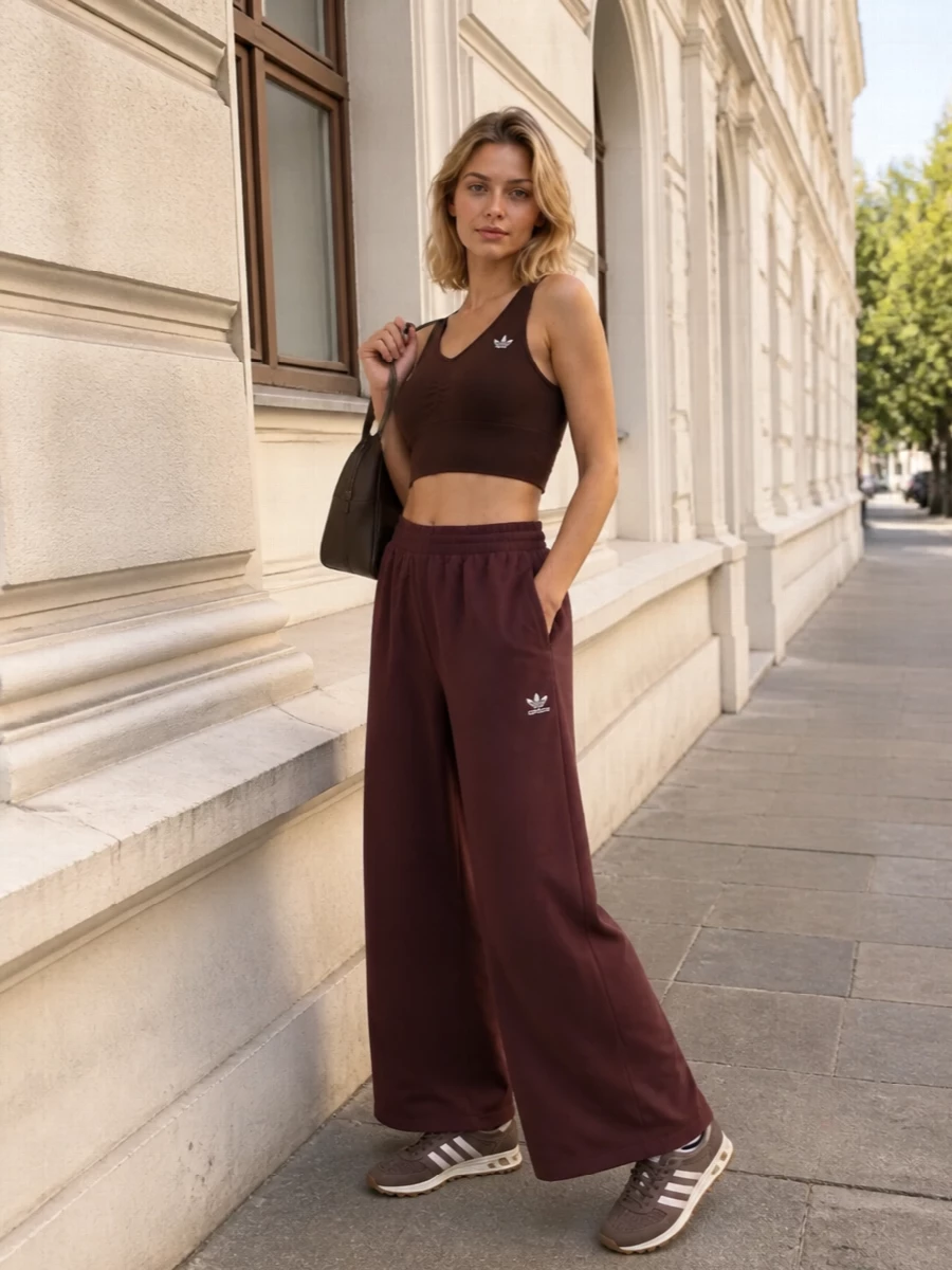 A deep brown-on-brown palette keeps this set quietly sharp, with the cropped bra and wide-leg track pant playing off each other for a relaxed but intentional sport silhouette. Neutral retro runners and a structured duffel keep it ready for studio, travel or city errands, while the graphic socks add just enough contrast without breaking the minimal mood.