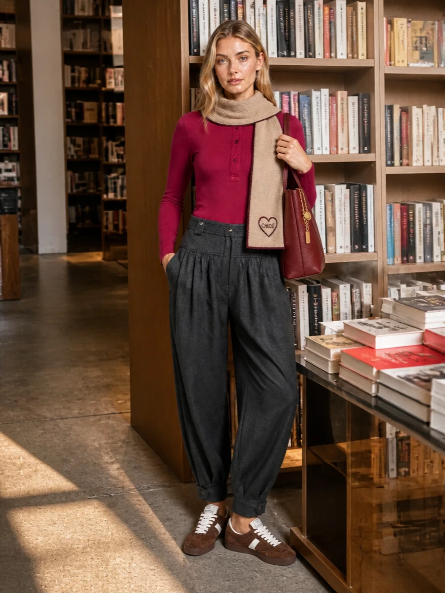 Chloe raspberry henley charcoal tailored trousers