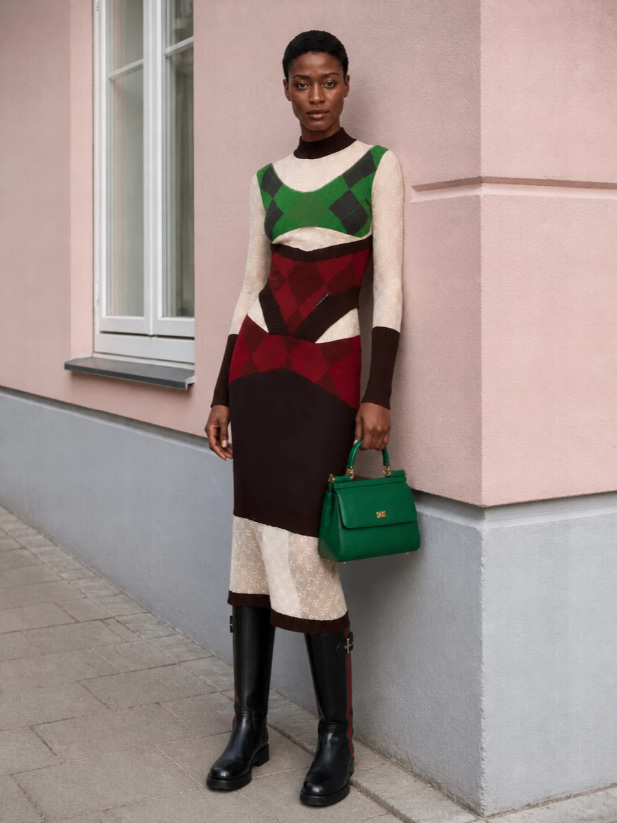 Marine Serre argyle dress with Gucci knee boots