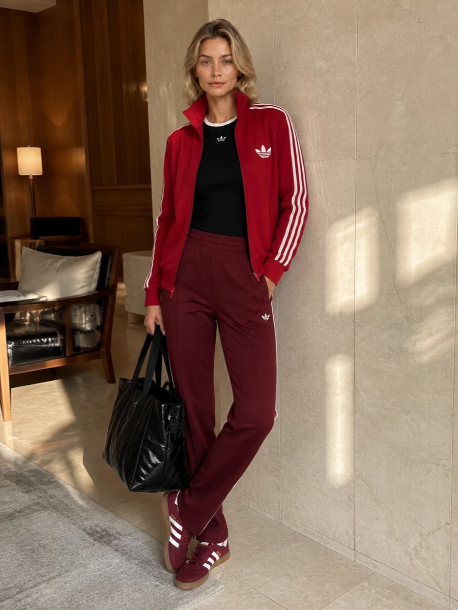 Adidas red track jacket burgundy track pants outfit