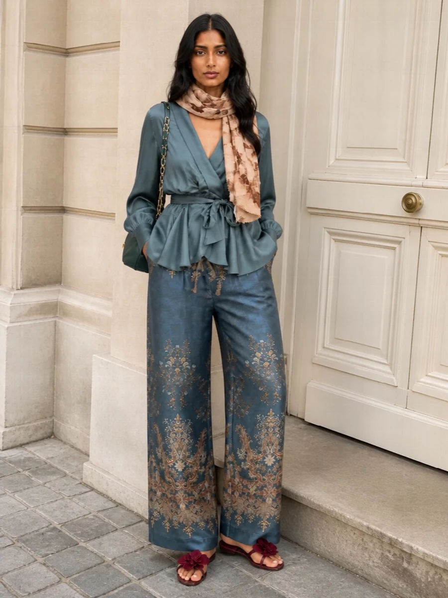 Zimmermann wrap blouse embroidered lounge pants outfit