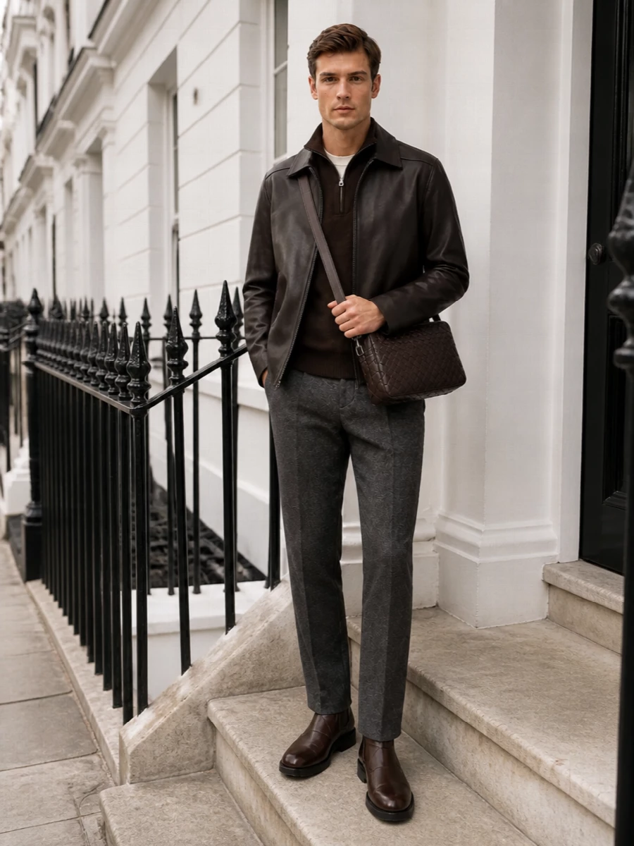 Vince leather jacket bottega veneta trousers outfit