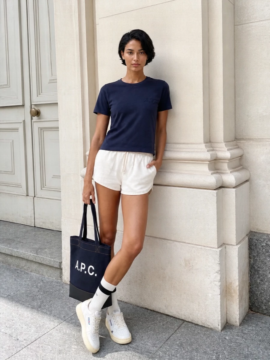 Autry navy tee ivory shorts apc tote outfit