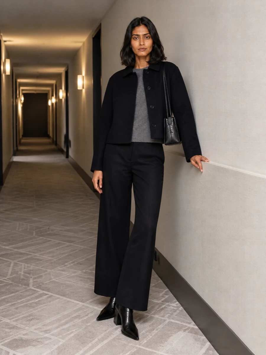 Jil sander navy cropped coat wide leg trousers