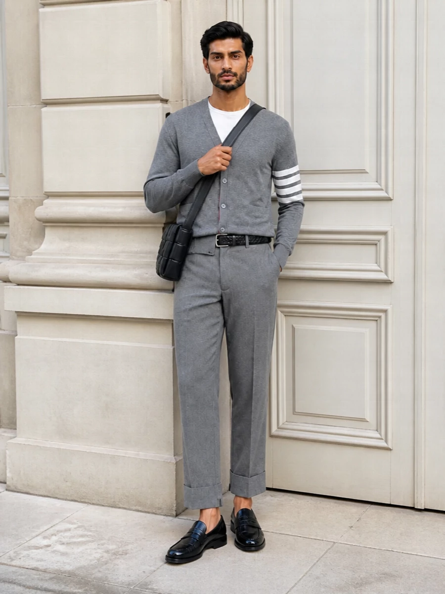 This look leans into Thom Browne’s collegiate uniform codes: the mid-grey V-neck cardigan is paired with cropped grey tailored trousers for a sharp, tonal foundation. Black penny loafers keep the silhouette disciplined and polished, while the intrecciato crossbody and matching belt inject discreet Bottega texture, reinforcing a quiet-luxury narrative that feels city-ready for spring and summer.