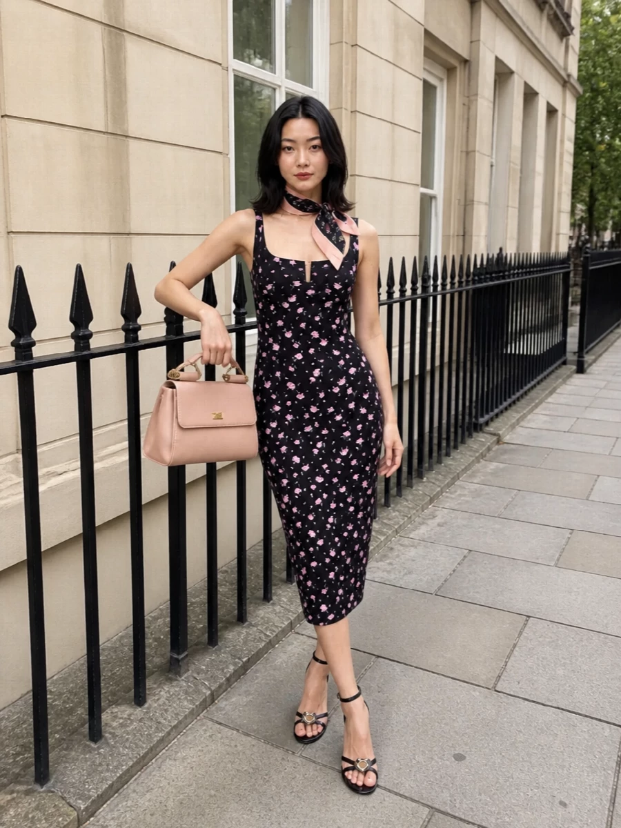 Dolce&Gabbana’s floral midi is framed by a whisper of blush leather and a slim black jeweled sandal, keeping the mood romantic yet sharply pulled together. Black accessories anchor the print, while the blush bag and scarf echo the soft pink blooms for a quietly cinematic cocktail ensemble.