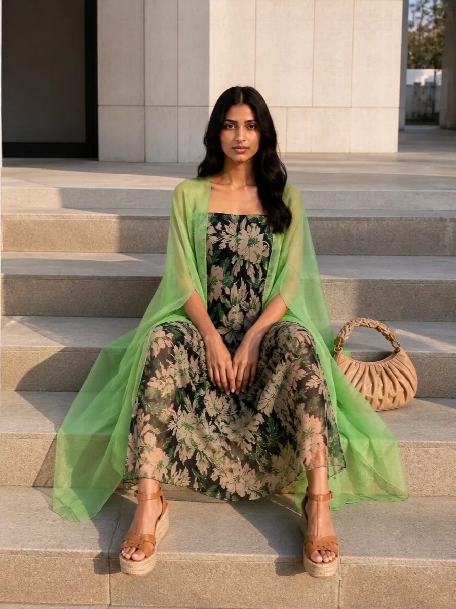 The sheer Dries Van Noten poncho frames Loewe’s off-shoulder floral maxi in a wash of green, giving you a long, poetic column of chiffon that reads romantic and quietly dramatic. Tan espadrille wedges and a sand crescent bag keep the mood sunlit and relaxed, grounding all that movement in warm neutrals. Choosing the dress path lets the poncho breathe as the hero outer layer, rather than competing with a separate top and trouser silhouette underneath.