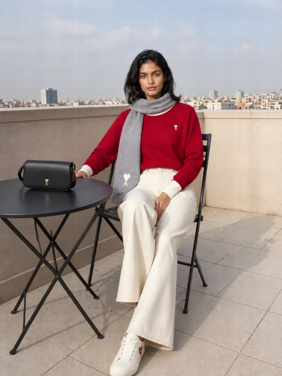 Ami red sweatshirt cream wide leg jeans sneakers