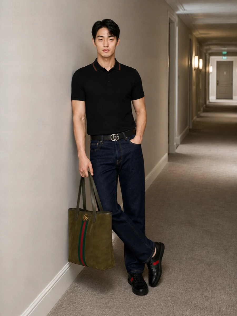 Gucci black polo dark jeans sneakers outfit