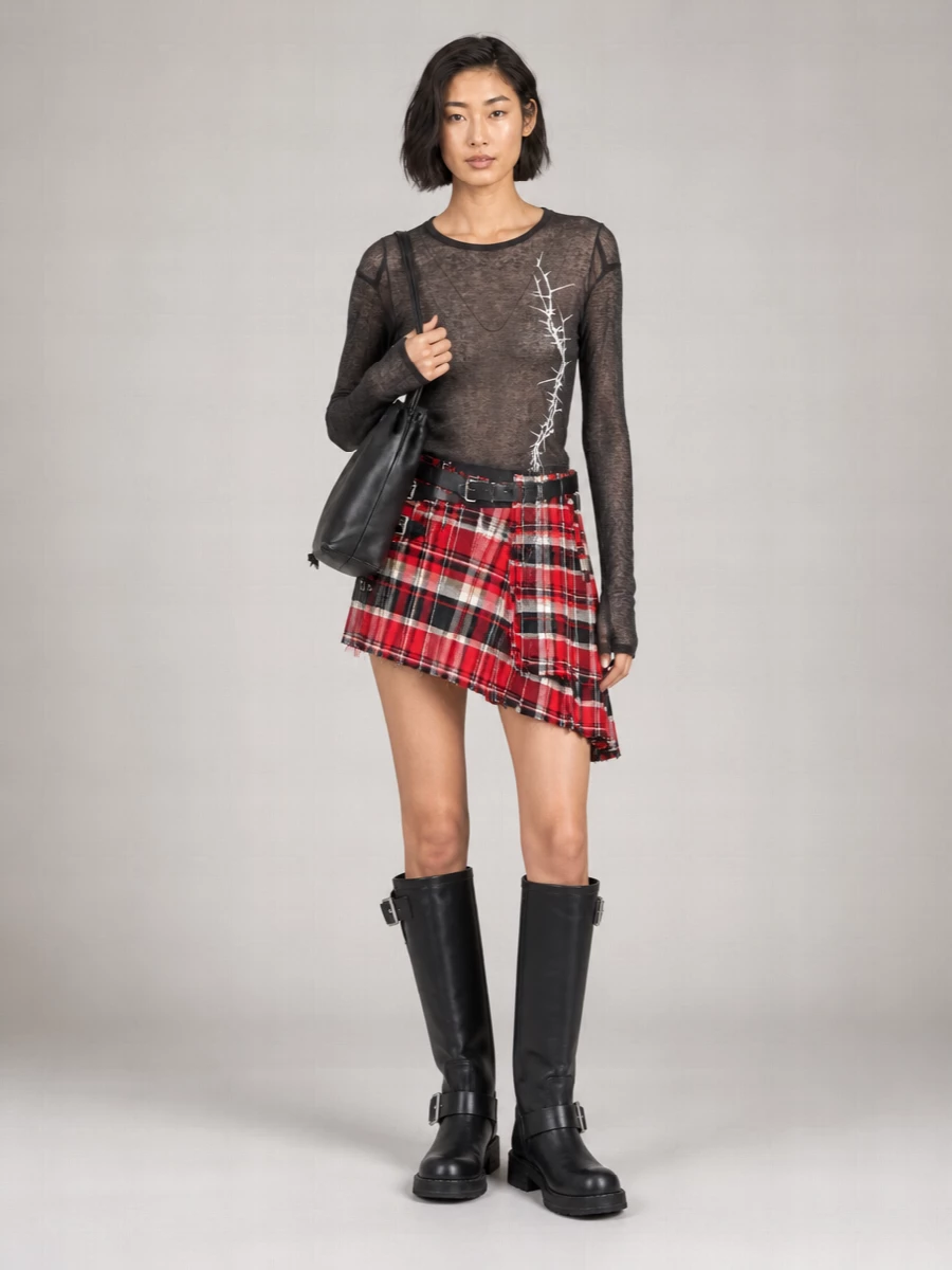 Ann Demeulemeester Checked Cotton Mini Wrap Skirt