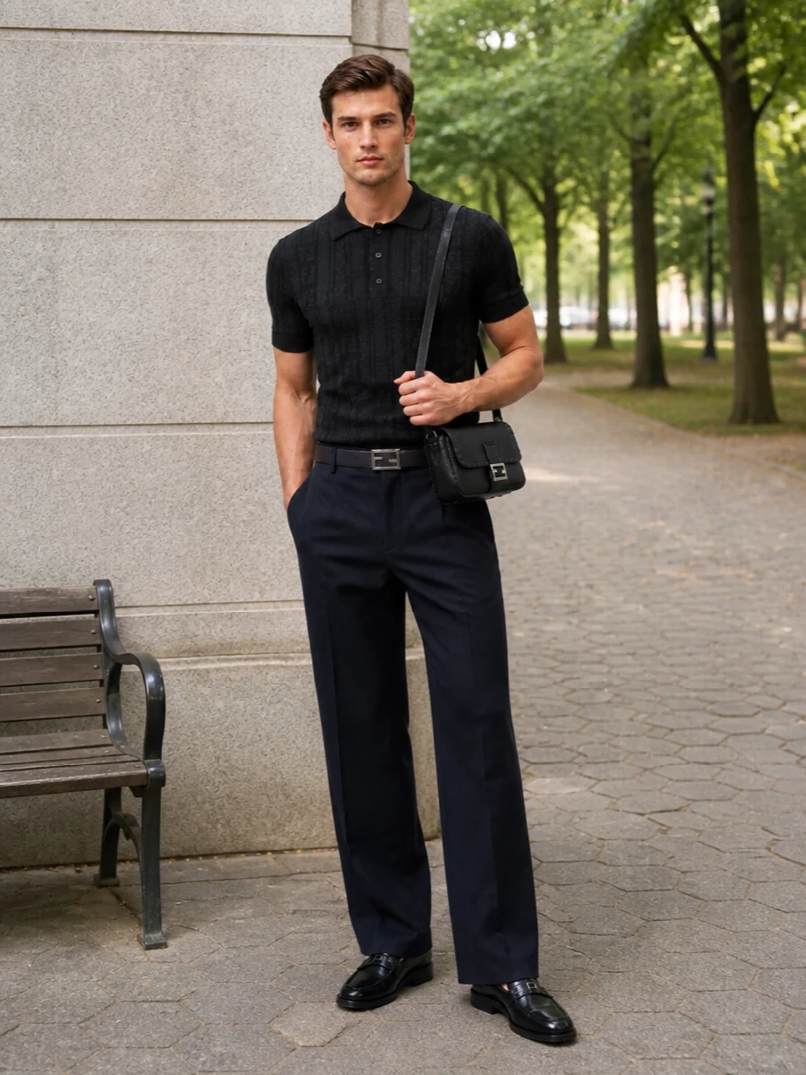 A charcoal Fendi knit polo meets deep navy wide-leg tailoring for a clean, modern take on smart casual. Black loafers and a slim charcoal belt keep the lines sharp, while the compact crossbody introduces just enough structure and hardware to feel considered without shouting. The result is quietly confident city dressing that moves easily from office hours to evening plans.