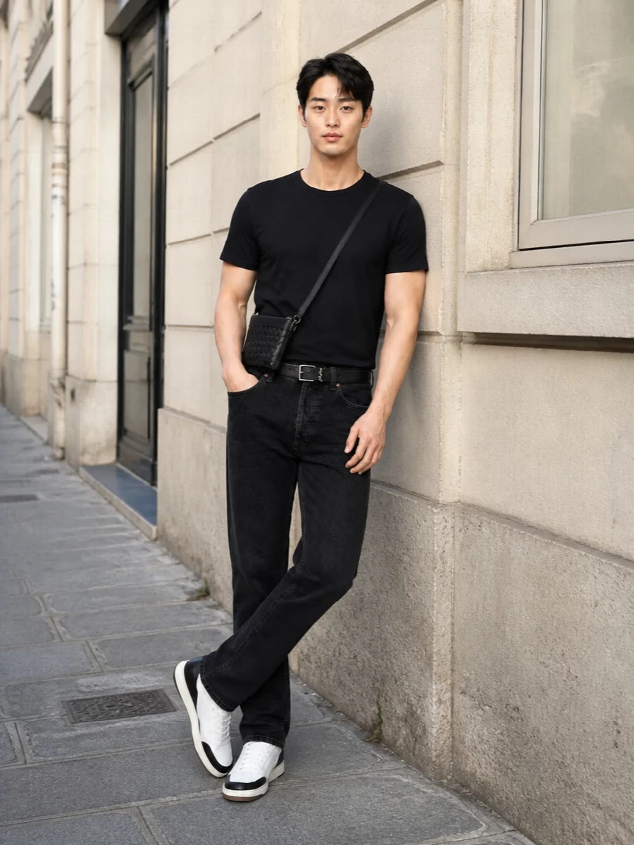 This look leans into Saint Laurent’s Left Bank uniform: a perfectly cut black tee over washed‑black straight jeans, finished with crisp white-and-black sneakers for a clean, graphic base. A slim YSL belt defines the waist and a sleek black intrecciato crossbody adds tactile sophistication, keeping the whole outfit minimal, monochrome and quietly confident for FW city life.