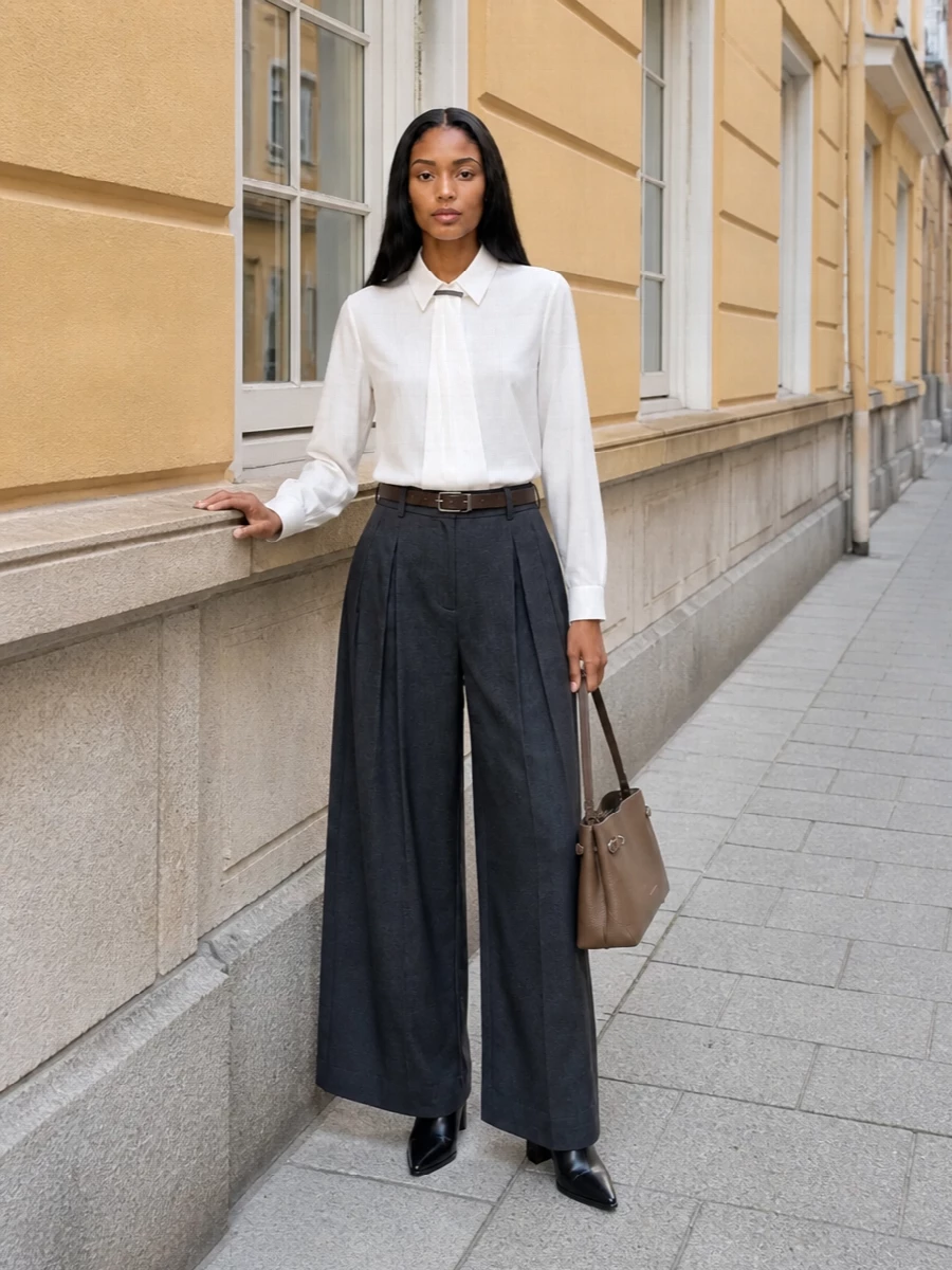 Brunello cucinelli white shirt charcoal wide trousers