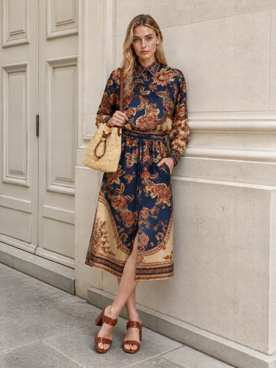 The Zimmermann floral shirt dress is the strongest anchor with the woven bucket bag, because it shares the same relaxed boho attitude yet feels grounded enough for in‑between seasons. Its inky navy and terracotta print plays beautifully against the bag’s natural straw and tan leather, giving a rich but still neutral palette. Terracotta woven sandals finish the outfit with an artisanal note and subtle height, keeping the whole ensemble soft, romantic and quietly refined rather than beachy.