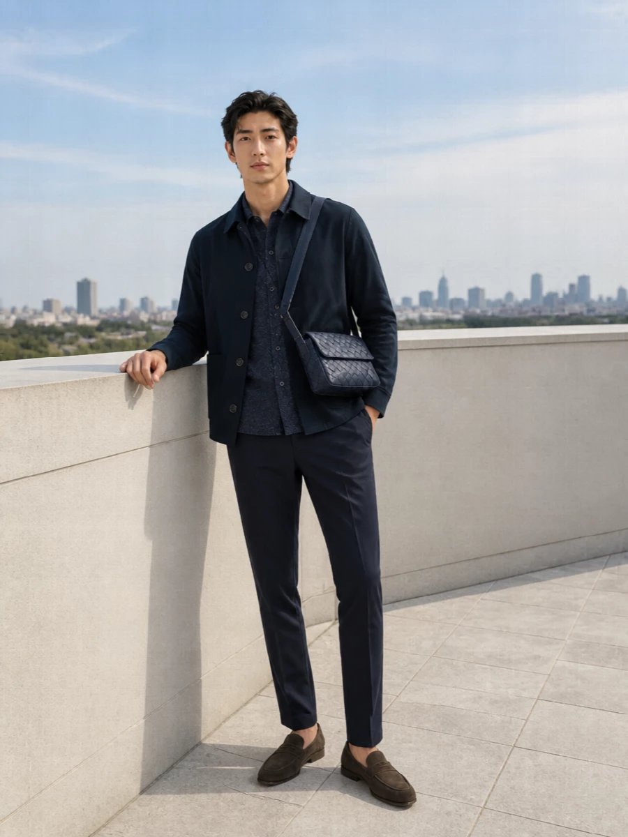 Brioni chore jacket navy chinos suede loafers