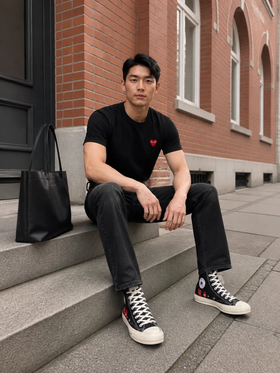 A black Play tee and washed black A.P.C. denim create a tight, logo-conscious street uniform that feels graphic without shouting. Heart-print hi-tops carry the red accent down the body, while a structured CdG tote and a slim Margiela belt keep the finish sharp and minimal. It is an easy city combination that reads considered from coffee runs to gallery afternoons.