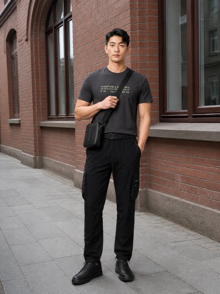 Calvin klein logo tee black cargo pants outfit