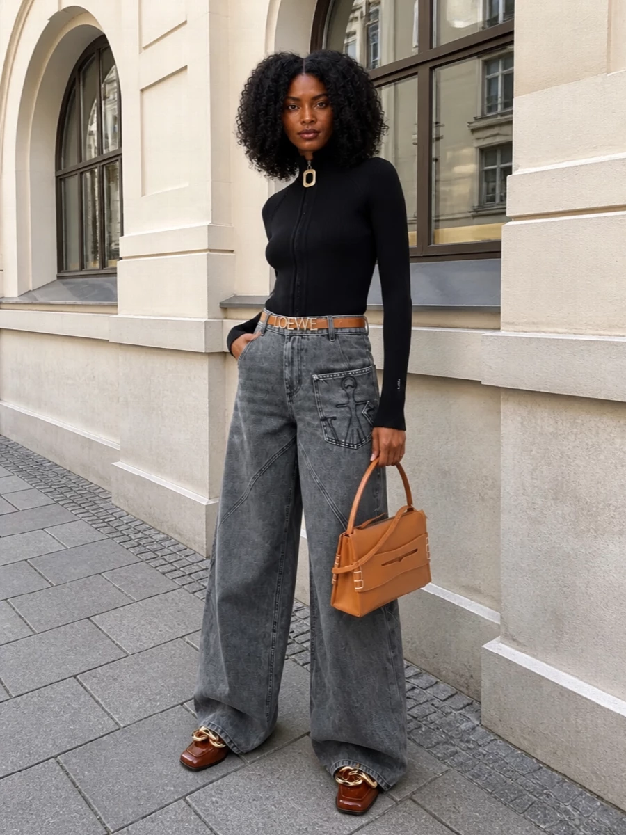 Jw anderson wide leg jeans black knit tan bag