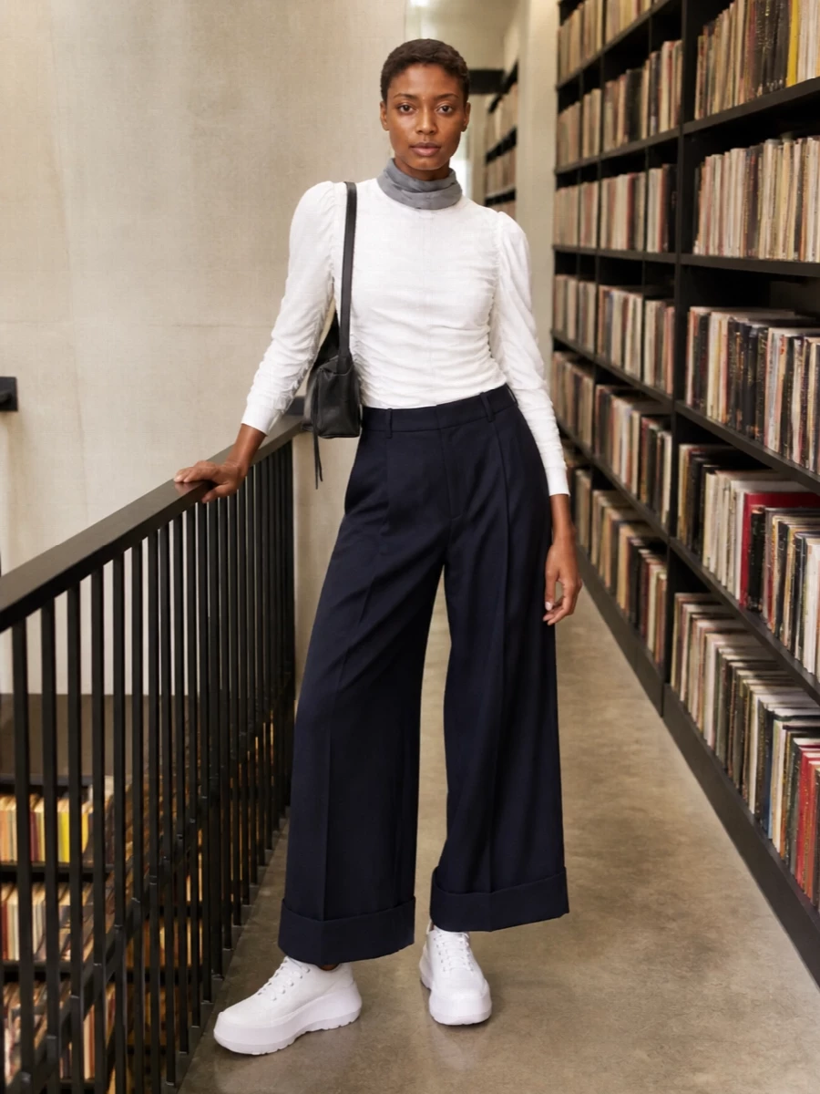 Comme des garcons white blouse navy wide leg pants
