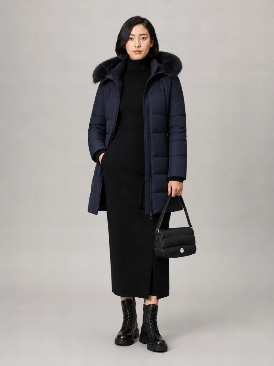 Woolrich Down Fur Trim Longline Puffer Jacket