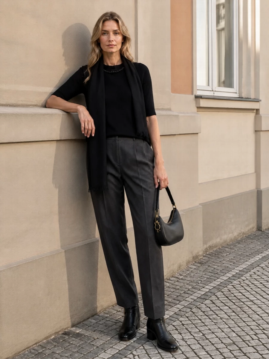 A black beaded-neck knit meets charcoal tailoring for a refined, quietly graphic pairing that suits long days that end at dinner. Black leather boots and a compact crescent shoulder bag streamline the silhouette, while a soft black scarf adds depth without breaking the clean lines. The effect is calm, modern and polished in a strictly monochrome-neutral palette.