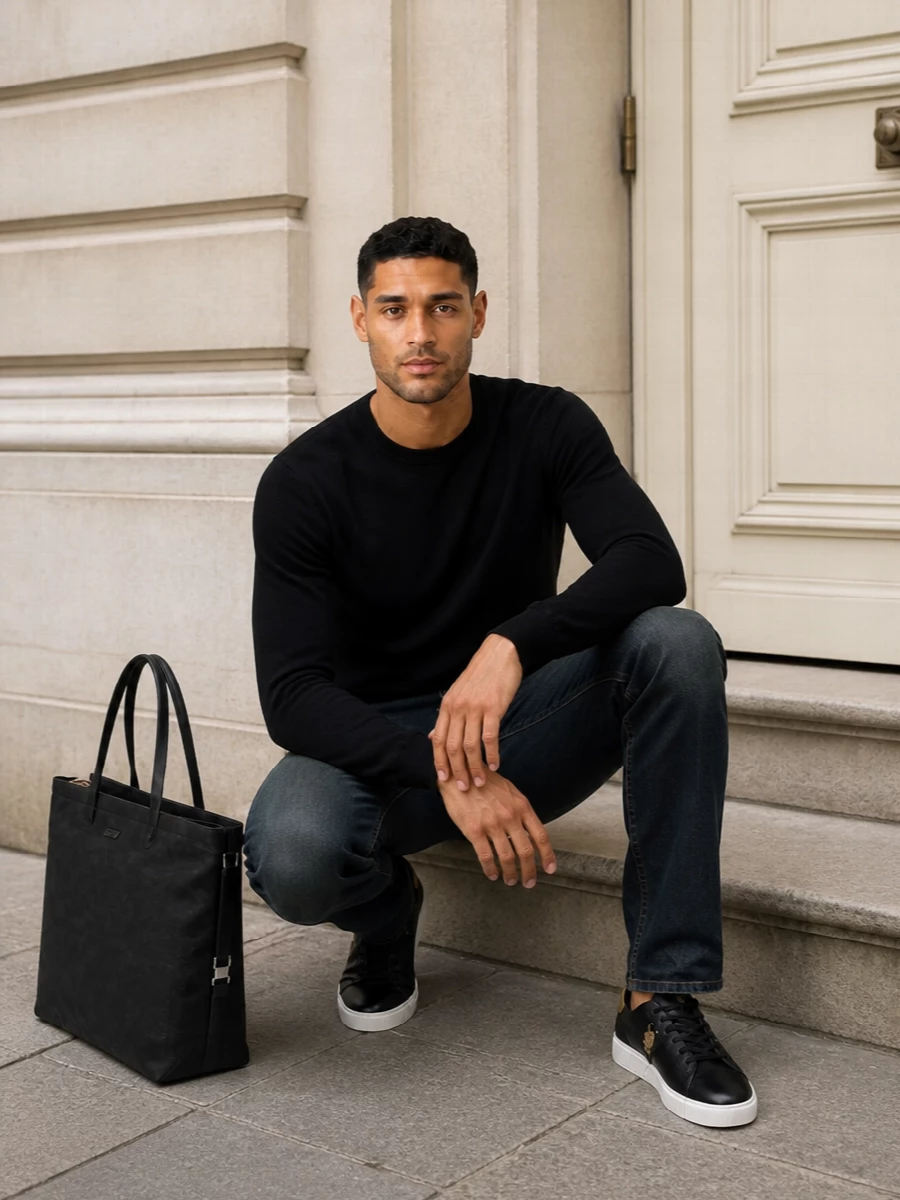 Dark indigo Versace denim meets a clean black crew knit for a crisp, understated take on house glamour. Black and gold low-top sneakers and a Medusa buckle belt echo the hardware, keeping the line sharp. A textured black tote finishes it with quiet, city-ready sophistication that still feels unmistakably designer.
