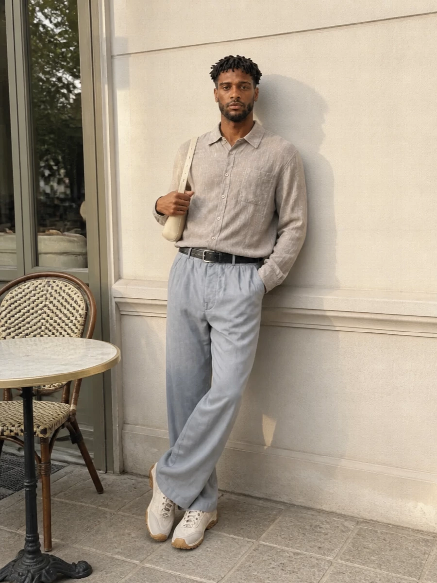 Our legacy taupe shirt wide leg trouser outfit