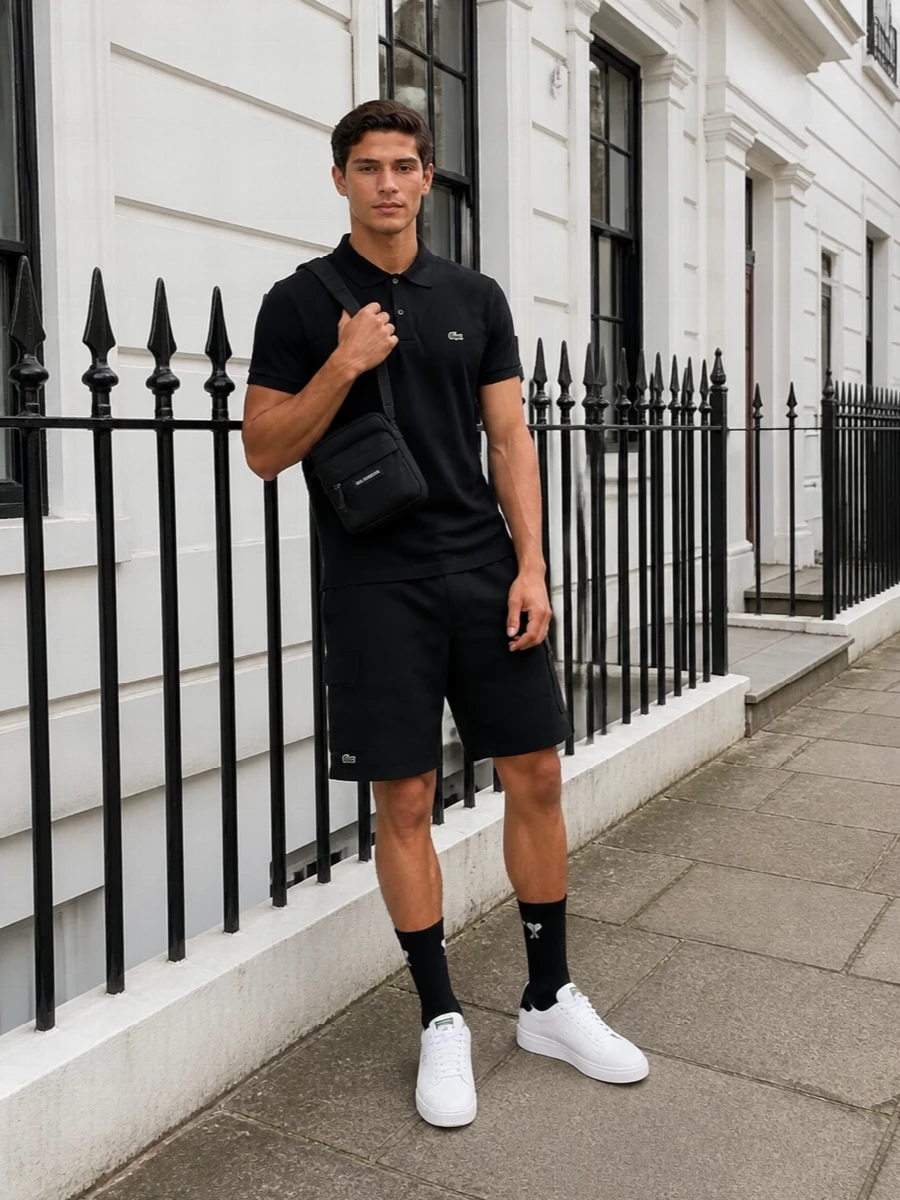 Lacoste black polo adidas white sneakers outfit