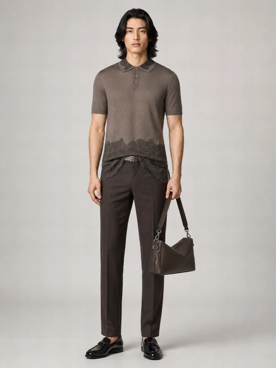 Fendi Cashmere Silk Lace Appliqué Short-Sleeve Polo Shirt