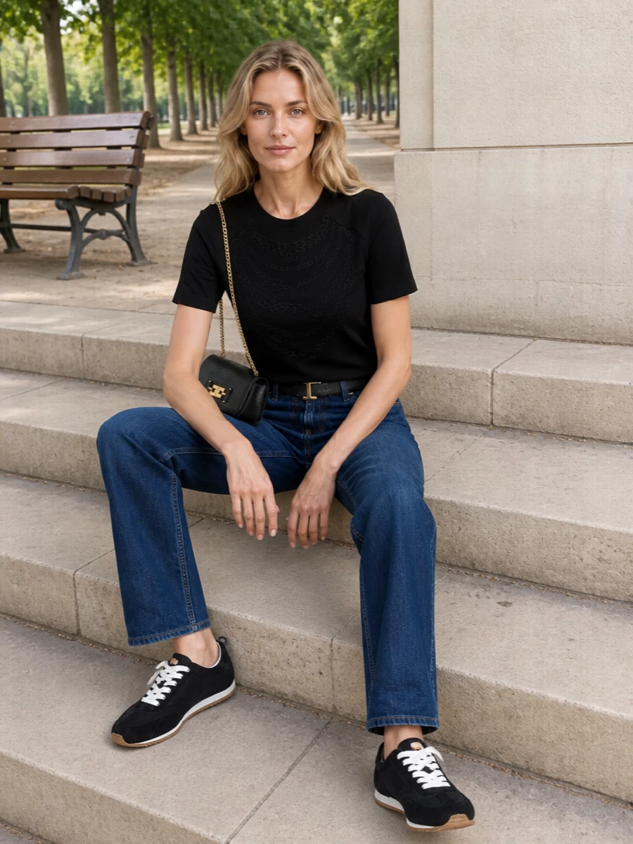 Elisabetta franchi black tee straight jeans outfit