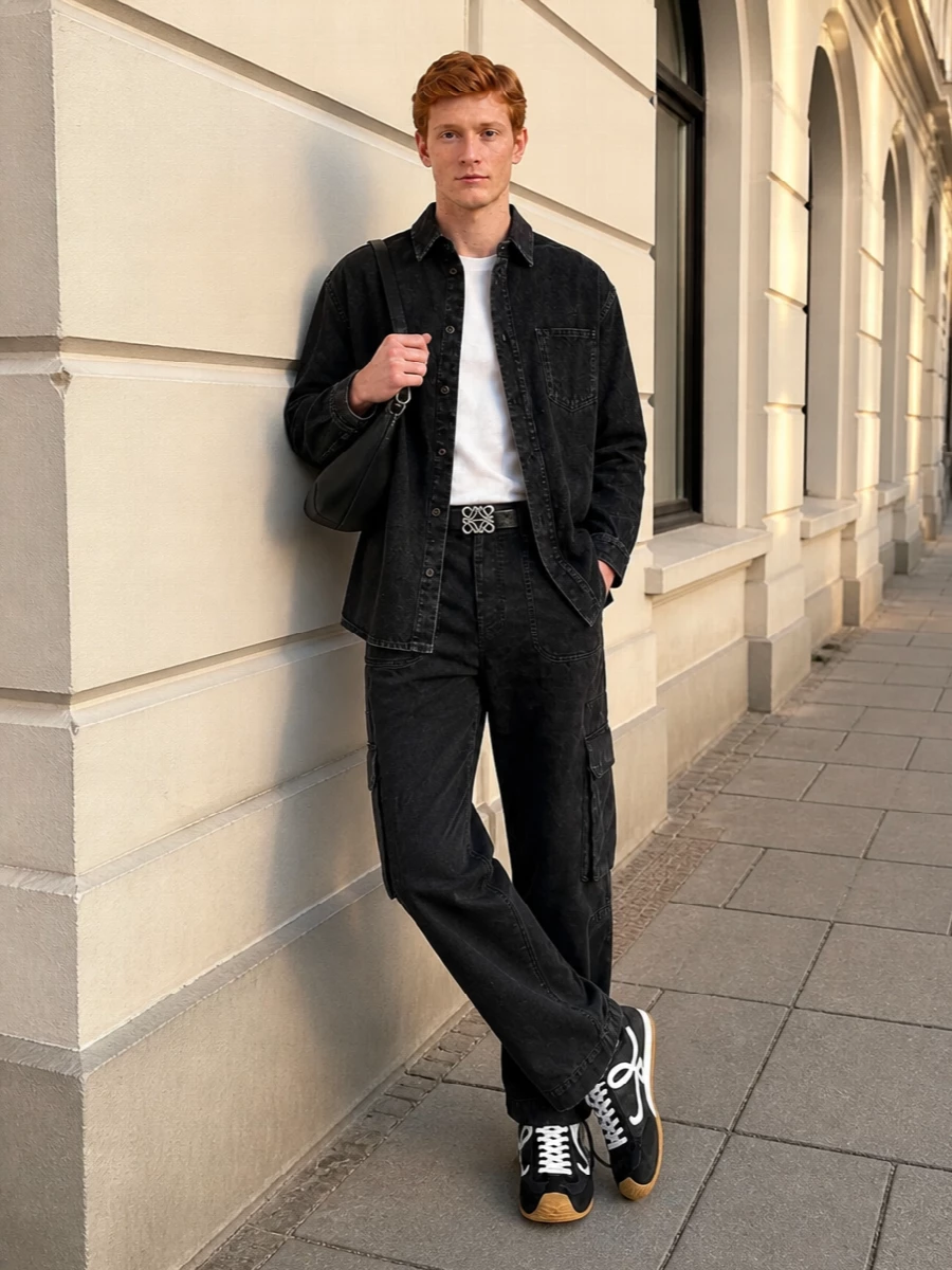 Loewe black cargo trousers overshirt sneakers