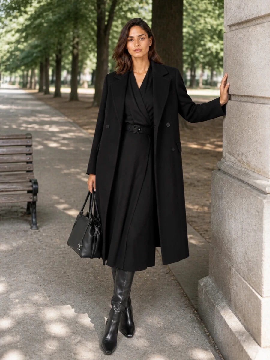 Tagliatore coat patou black wrap midi dress