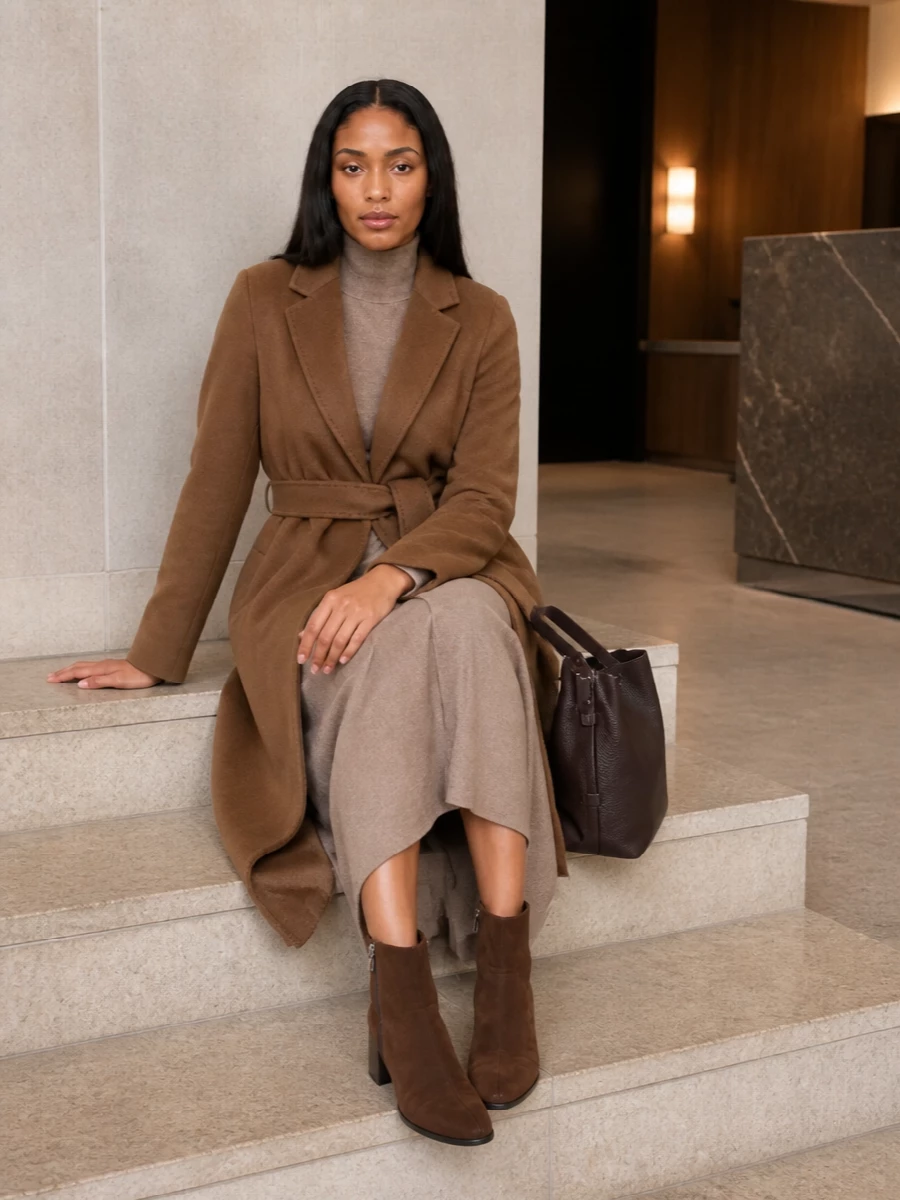 Max mara camel coat taupe dress brown boots