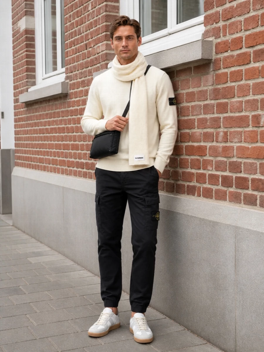 Stone island cream sweater black cargo pants