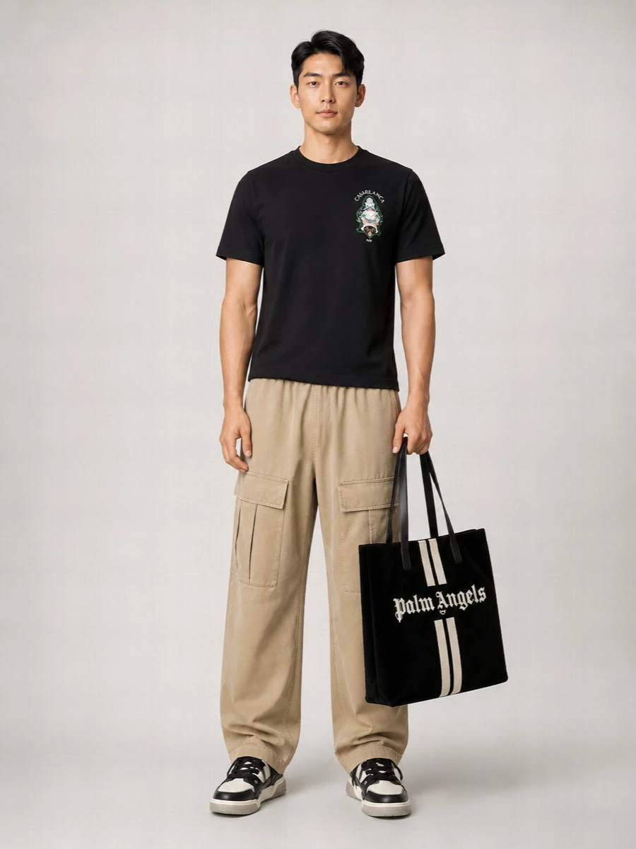 Casablanca’s graphic tee sits against loose sand Acne cargos for a clean, relaxed street silhouette that still feels considered. Chunky Represent sneakers pick up the monochrome accents, while the Palm Angels tote adds one confident hit of texture and logo to finish the city-ready mix.