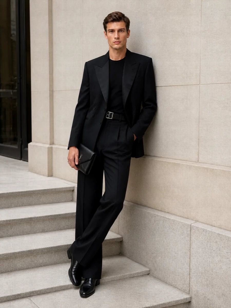 Saint laurent black tux jacket wide leg trousers