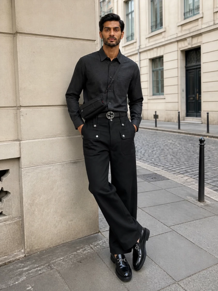 This look builds a disciplined, urban uniform around the wide-leg black Gucci trouser, pairing it with a structured charcoal shirt for a tonal, architectural top block. Chunky black horsebit loafers and an embossed black belt introduce polished metal accents that echo the snap detailing, while the slim black crossbody keeps the silhouette streamlined and functional. The result is FW-ready quiet luxury with a subtle, utilitarian edge—confident, minimal and unmistakably Gucci.