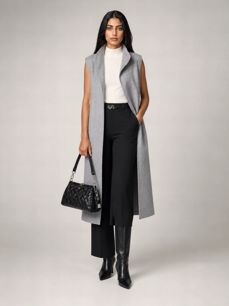 I am building around the coat as outerwear with a classic knit-and-trouser base rather than using a dress, so the vertical column stays clean and quietly utilitarian. The ivory ribbed top, tailored black wide leg and pointed knee boot create a long, graphic line under the soft grey, with the Margiela frame bag adding just enough texture to feel intentional without tipping into evening-only territory.