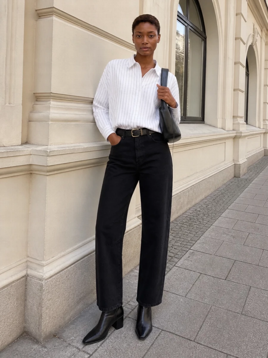Dries van noten striped shirt black denim outfit