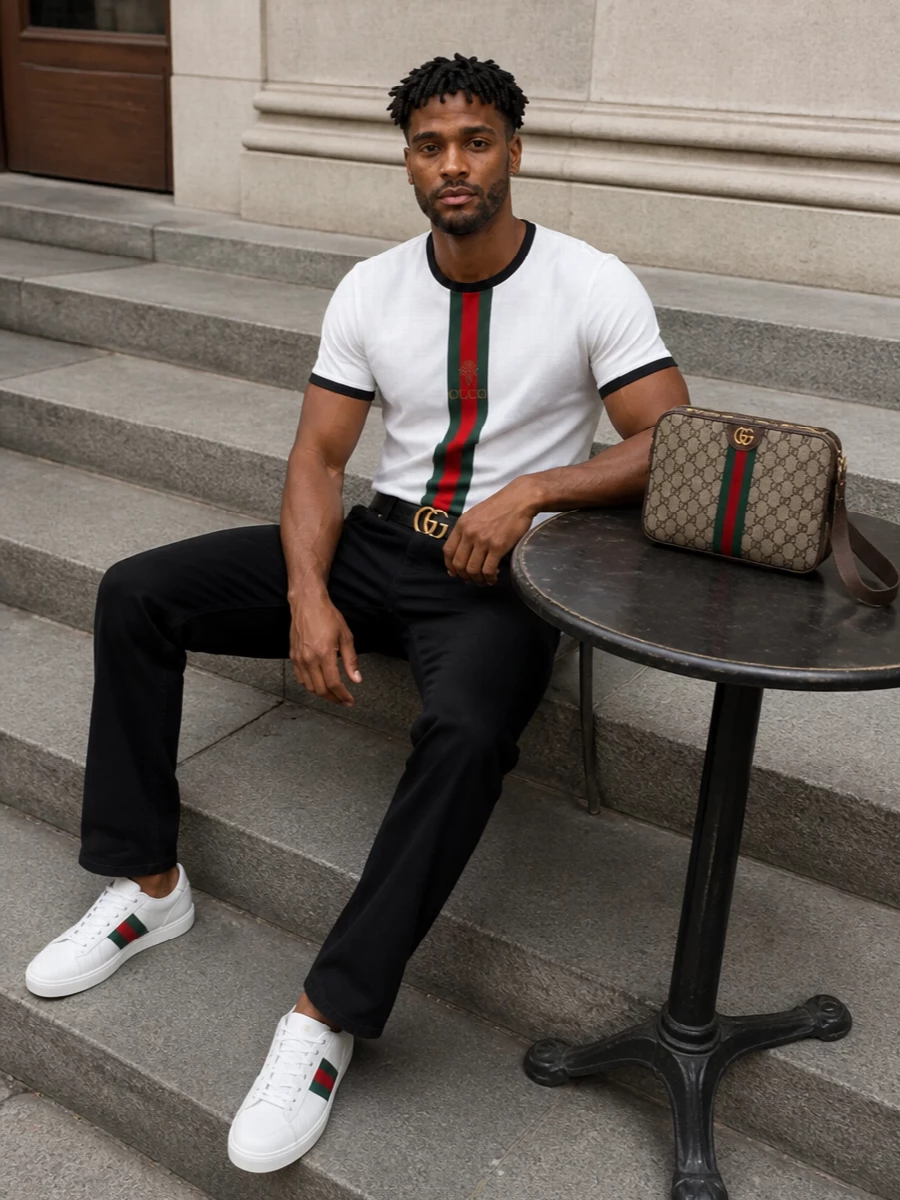 Gucci stripe tee black jeans sneakers
