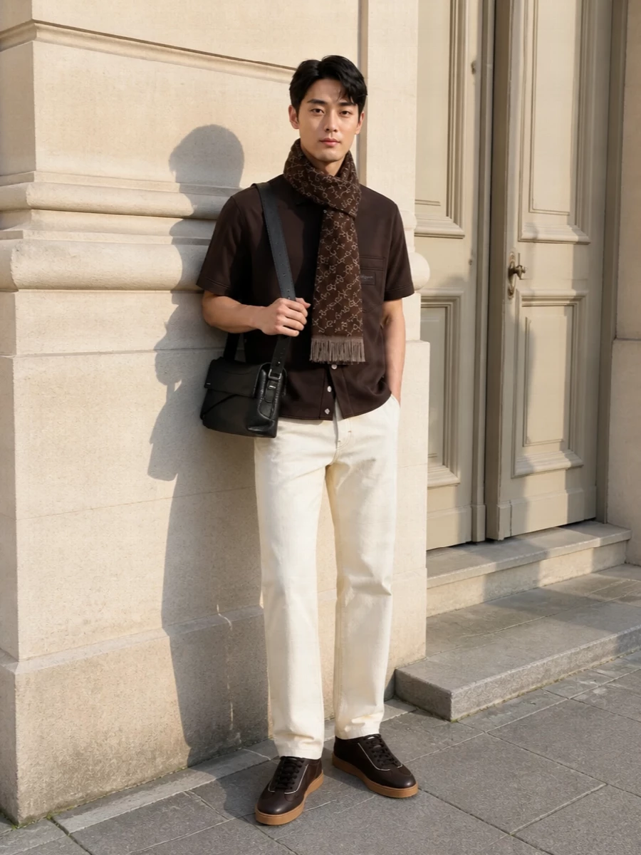 Givenchy brown shirt ivory trousers outfit